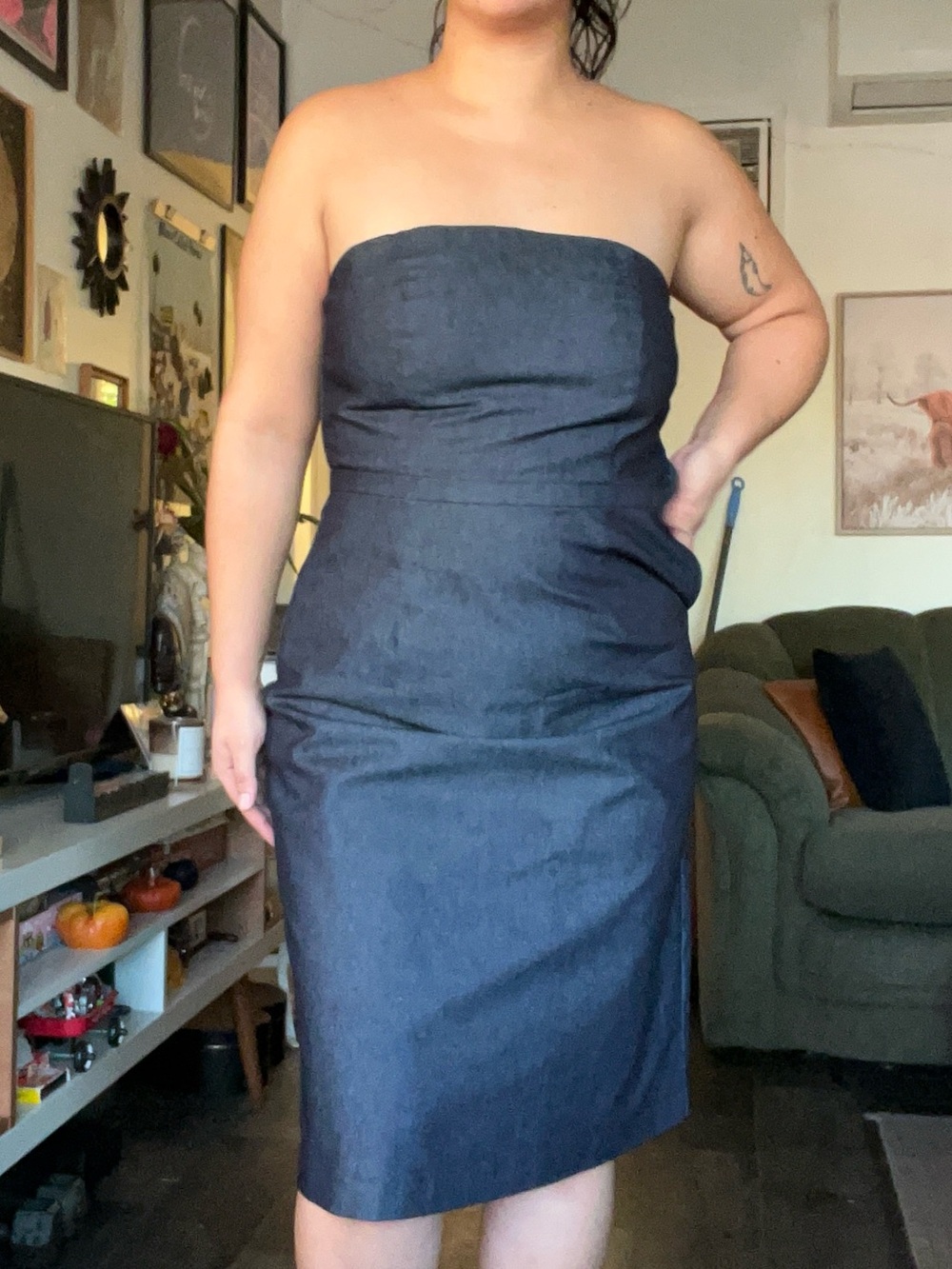 2000s Strapless faux denim pencil dress